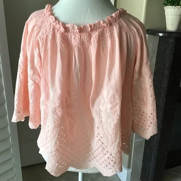love J Off Shoulder Eyelet Blouse XLARGE Cropped Coral Pink 100% Cotton Romantic - Picture 12 of 16